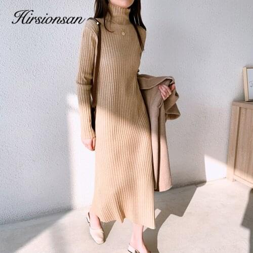 Hirsionsan High Collar Long Dress Women Basic Pit Knitting Bottoming Elegant Winter Pullover Slim Harajuku Ladies Casual Wearing