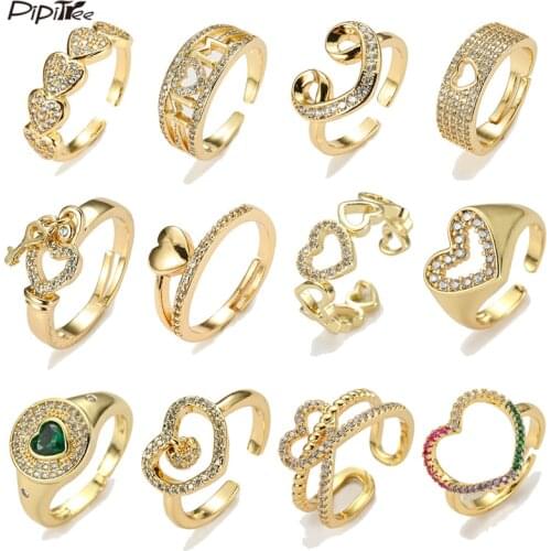 Pipitree Classic Gold Color Heart Ring For Women Romantic Open Adjustable Crystal Finger Rings Birthday Gift CZ Zircon Jewelry