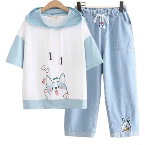 Women Two Piece Set Cartoon Print Harakuju Hooded T Shirt And Elastic Waist Embroidery Denim Pants Jeans Sweet 2020 Summer Sets