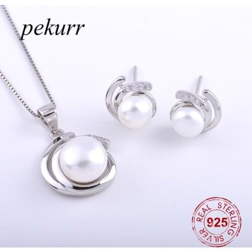 Pekurr 925 Sterling Silver 2 Arc Tidal Sign Freshwater Natural Pearl Earrings Necklace Sets For Women Zircon Pendant Jewelry Set