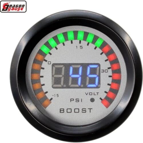 Round Earth 52mm Digital Dual Display Auto Car Turbine Turbo Digital Boost Gauge -15~ 45 Psi And Voltage Meter Free Shipping