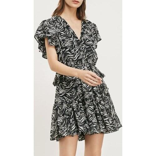 2021 Summer New Style Retro V-neck Frilly Zebra Pattern Flying Sleeves Fashion All-match Dress Women