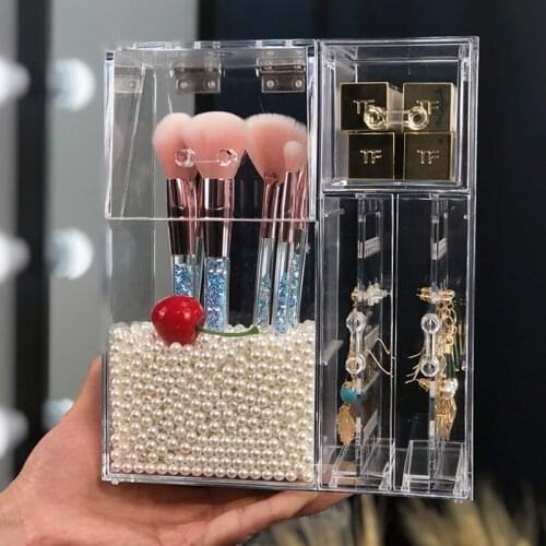 Multifunction Acrylic Clear Transparent Makeup Brush Storage Pearl Box With Cover Makeup Organizer Cosmetic Tool Holder Rack