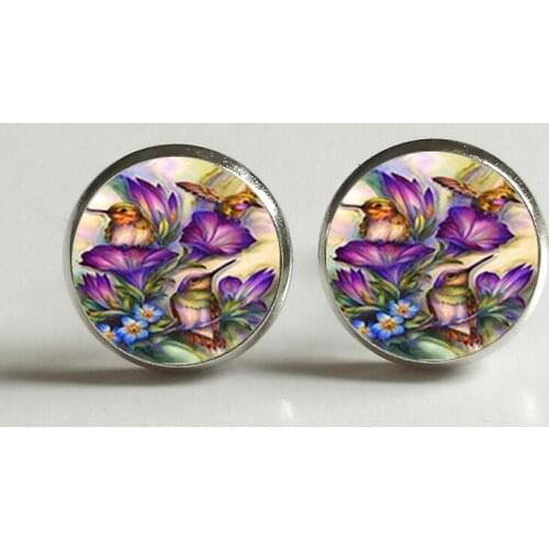 Fashion Stud Earrings hummingbird picture convex round glass earrings beautiful ear jewelry handmade custom