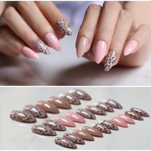 Fake Nail Set Pink Stiletto Artificial Nail 24 pcs Almond shape nude false nails red sharp Nail decoration tip