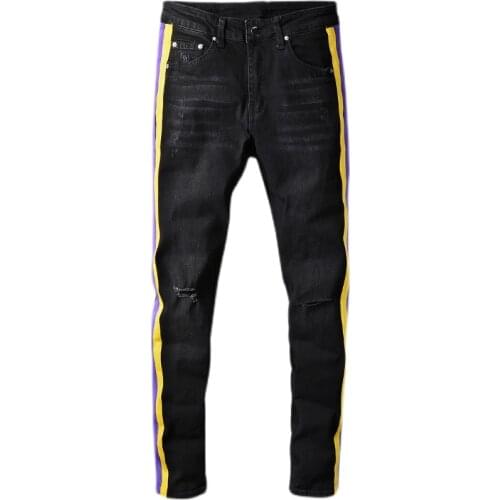 New Mens Stripe Ripped Stretch Denim Jeans Streetwear Slim Skinny Pencil Pants Holes Distressed Trousers Black 682