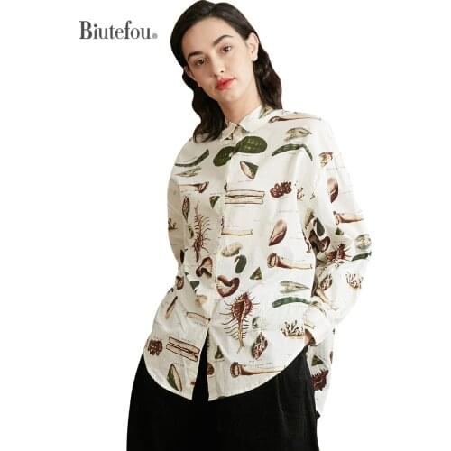 2021 New Arrival Spring Women Loose Long Sleeve Shell Print Cotton Shirt