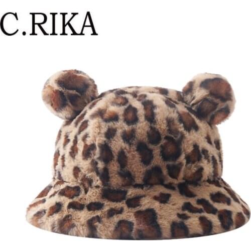 New Autumn Winter Leopard Bear Ear Bucket Hat Women Girl Fashion Warm Fishing Cap Panama Outdoor Travel Velvet Fisherman Hat Bob