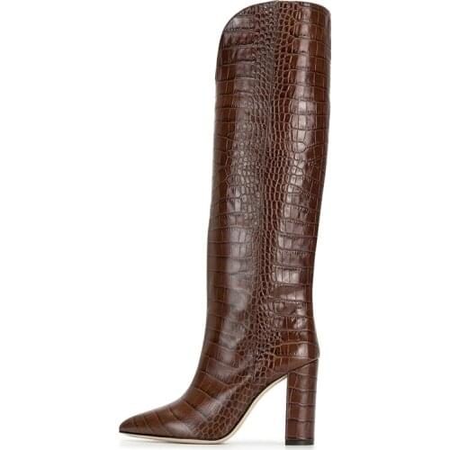 Unisex Men Women Crocodile Pattern Sexy Knee-High Boots Pointed Toe Chunky Heels Cowboy Brown Boots 42 43 44 45 46 10 12 13 14