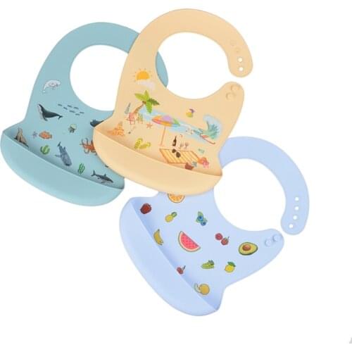 T5EC Baby Cartoon Waterproof Bibs Food Grade Silicone Newborn Feeding Food Catcher with Pocket Adjustable Apron