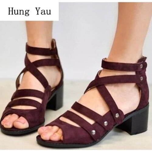 Woman Sandals Shoes 2019 Summer Style Pumps High Heels Thick Peep Toe Sexy Women Zip Fashion Rivet Comfortable Plus Size