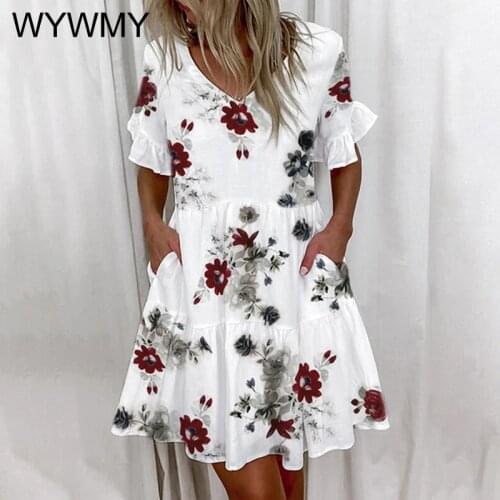 Women Ruffles Dress Summer Casual Floral Print V-Neck Mini Dress Elegant Short Sleeve Pocket Color Block Beach Party Dresses