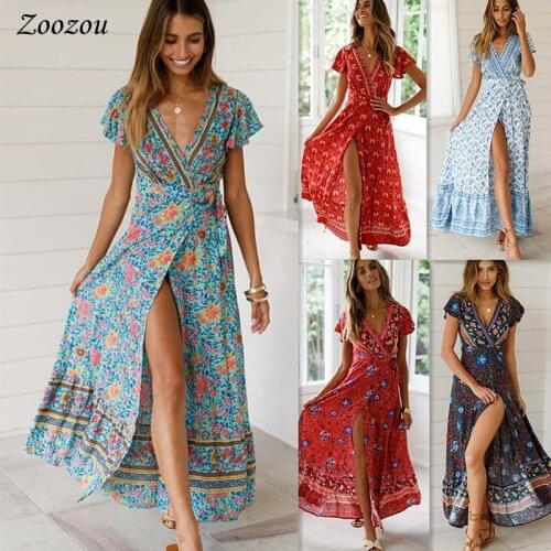 2020 Women Sexy V Neck Long Wrap Dress Summer Floral Print Boho Maxi Dress Short Sleeve High Split Casual Party Beach Dresses