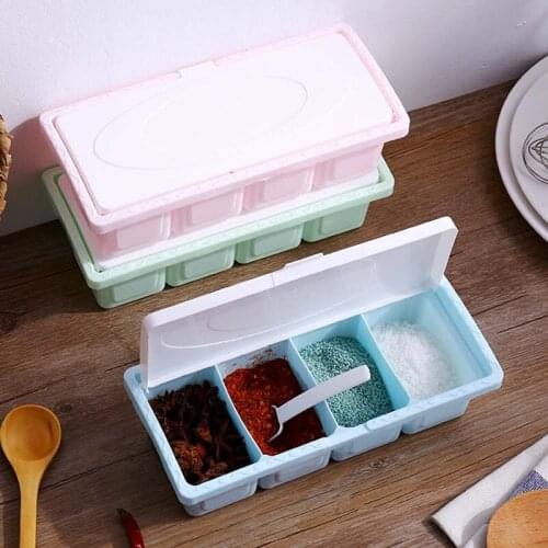 4 Compartments Seasoning Box With Spoon Cover Pots Portable PP Condiment Jars Salt Sugar Cruet Storage Container Dustproof