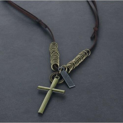Antique Bronze Color Metal Cross Pendant Necklace Adjustable Leather Chain Necklace for Men Colar Religious Jewelry Gifts