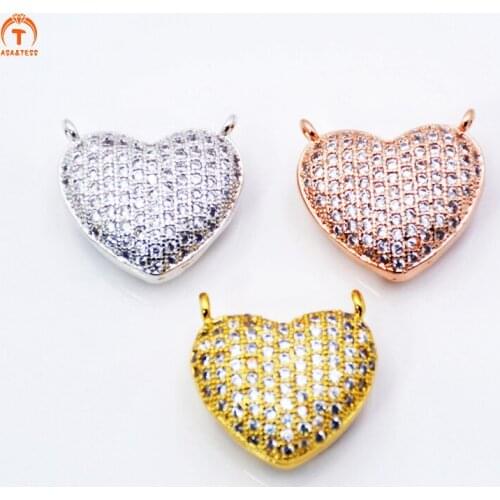 Asa&Tessgreen 15mm Puffy Heart Charm Pendant CZ Pave Charm in real color Gold Rose Gold Silver plated Heart Beads Cubic zirconia