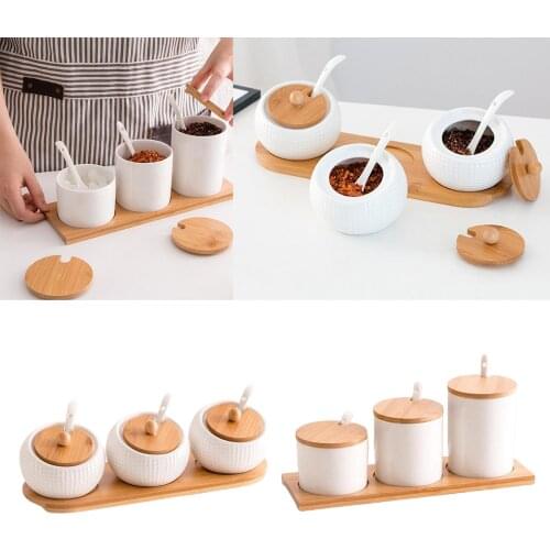 Condiment Pots Sugar Jar Bowls with Spoon and Bamboo Lid, Ceramic Seasoning Box