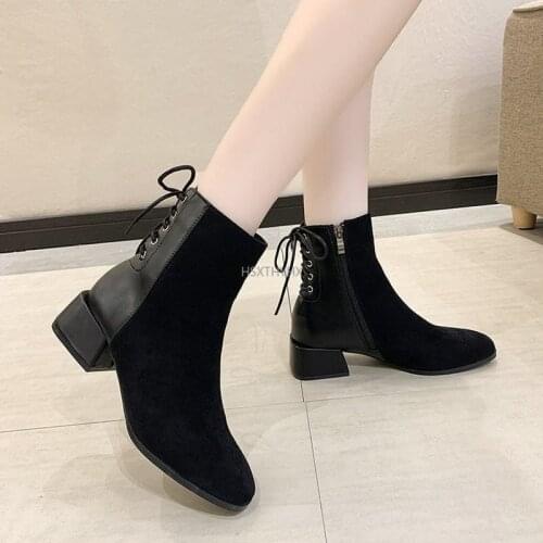 Patchwork Flock Lace Up Ankle Boots for Women Autumn Pu Leather Square Heel Boots Woman Winter Warm Short Push Shoes Lady