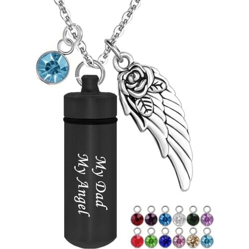 My Dad My Angel Cremation Urn Necklace, Women Men Stainless Steel Chain/Black Memento Jewelry, Ashes Keepsake Birthstone Pendant
