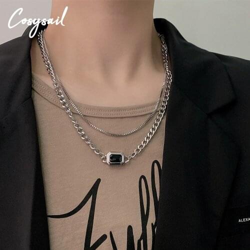Cosysail Trendy Double layer Blackstone Pendant Necklace Female Dainty Sweater Chain Necklace Prom Stainless Steel Accessories