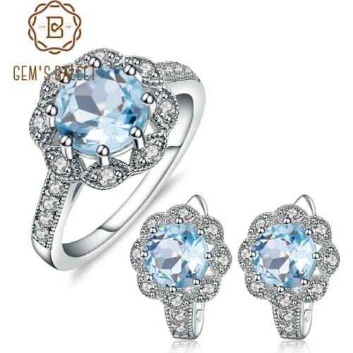 GEMS BALLET Natural Sky Blue Topaz Snowflake Rings Earrings 925 Sterling Silver Gemstone Fine Jewelry Set For Women Gift