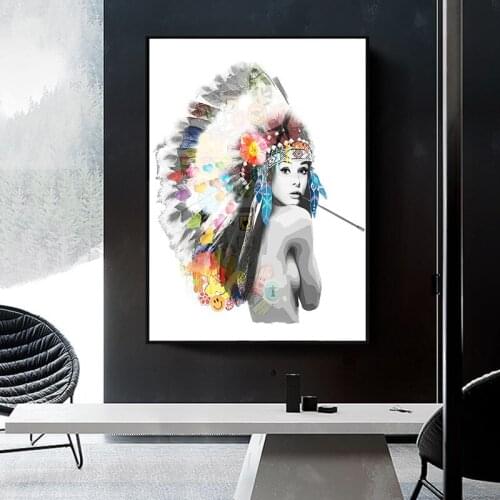 Graffiti Indian Feather Girl Art Canvas Print Painting Wall Picture Naked Women Modern Living Room Home Decoration Poster