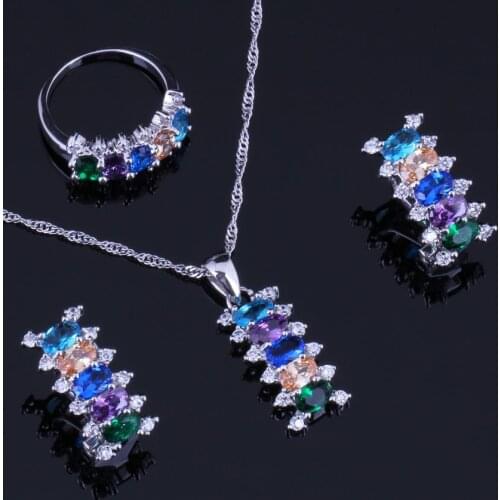 Incredible Multi-Gem Multi-Color Cubic Zirconia Silver Plated Jewelry Sets Earrings Pendant Chain Ring V0300