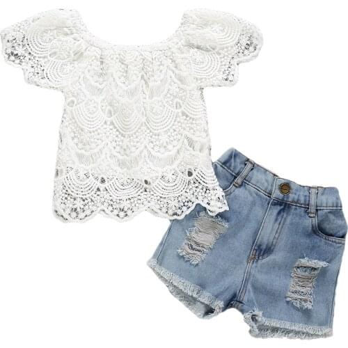 Pudcoco 2021 Girls 2Pcs Summer Clothes Set, Solid Color Lace Flower Short Sleeve Boat Neck Tops with Short Ripped Jeans