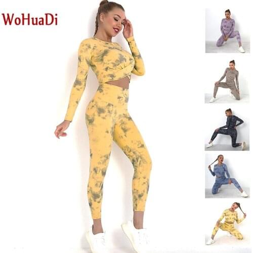 WOHUADI Seamless Dyed Print Long Sleeves Fitness Set Sport Yoga High Waist Leggings Women Clothing Quick Drying Running Training
