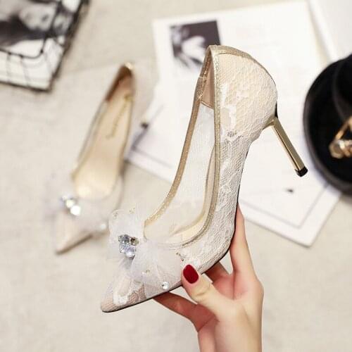 2020 Summer Solid Color Rhinestone Womens Shoes Flower Mesh Female Pumps Pointed White High heels