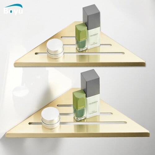 Brushed Gold Bathroom Accessories Corner Shelf Stainless Steel Adhesive Frame Tripod Shower Corner Corner Storage Holder Shelves