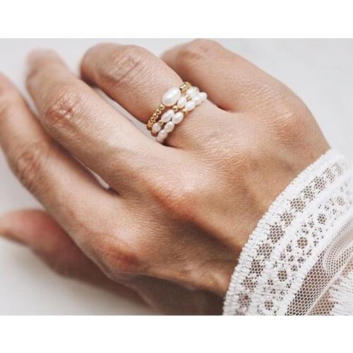 Classical Freshwater Pearl Ring Set for Women Gold Color Silver Color Stainless Steel Rings Elastic Rope Adjustable