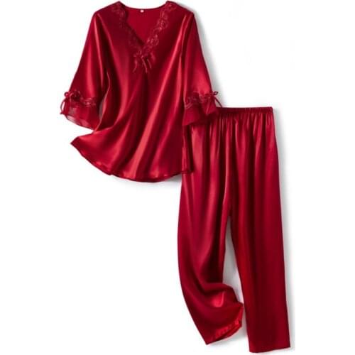 Autumn New Style Ladies Leisure Lace Embroidery Pajamas Set Comfortable Solid Color Lapel Satin Silk Home Service Two-piece Suit
