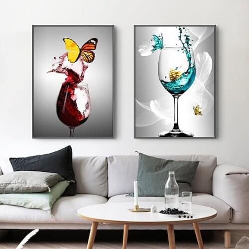Poster Canvas Painting HD Print Butterfly Wine Glass Modern Abstract Wall Art Living Room Home Decoration