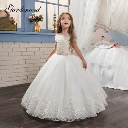Puffy Tulle Lace Scoop Flower Girl Dresses Kids Satin Pearls Beadinng Belt Communion Dress Girl Flower Emboridery Party Dress