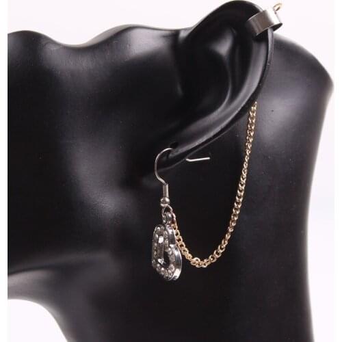 Fashion New Design Gold Color Chain Earrings Rhinestone Heart Pendant Drop Earrings Cuff for Girls Women Jewelry