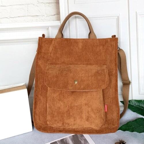 High Quality Corduroy Shoulder Bag Women Vintage Shopping Student Student Bags Zipper Casual Bag With Outside Pocket