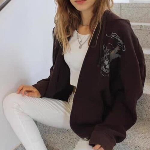 Y2K Sweatshirt Winter Jacket Clothes Brown Zip Sweatshirt Oversized Hoodie Womens XL Retro Pocket Long Sleeve Pullover Goth