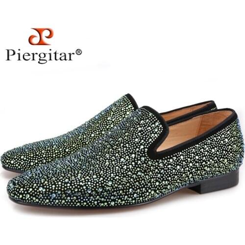 Piergitar men leather shoes with mixed colors shining rhinestone luxurious brand party and wedding mens loafers male flats