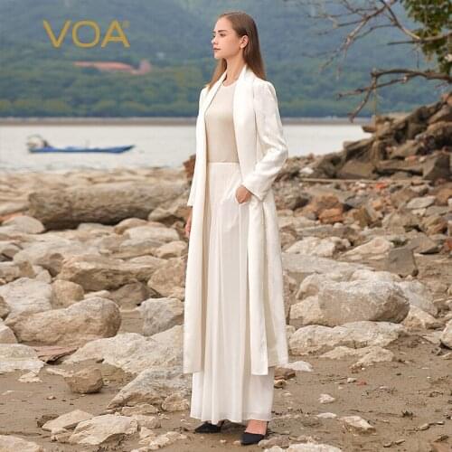 VOA Heavyweight Silk Jacquard Milk White Style Scarf Collar Contrast Arch Needle Straight Tube Loose Long Windbreaker FE102