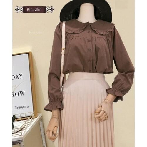 Womens Classic Cute Sweet Tops Preppy Style Korea Japanese Design Flare Sleeve Peter Pan Collar Button Shirts Blouses Cotton