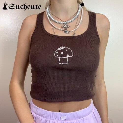 SUCHCUTE y2k Aesthetic Printed Womens Tank Tops Korean Style Casual Basic Brown Crop Tops Streetwear Fitness Ribbed Tops