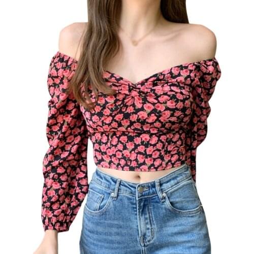 Womens Floral Print Slash Neck Sexy Sweet Fall New Navel Long Sleeves Chiffon Shirts Tops