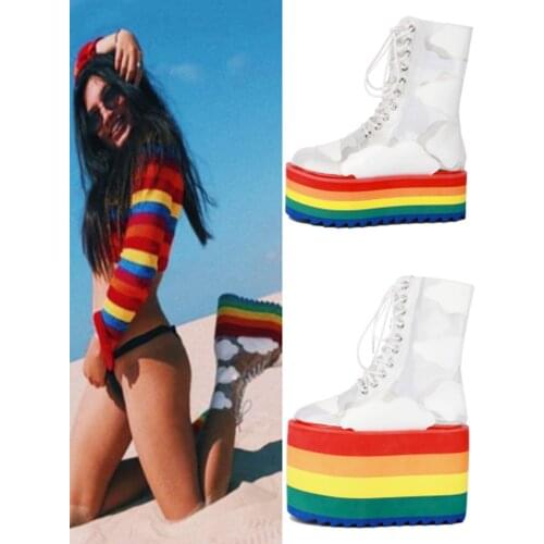 Colorful rainbow platform White clouds woman summer boot rainbow bottom lace up PVC clouds woman boots thick bottom flower boots