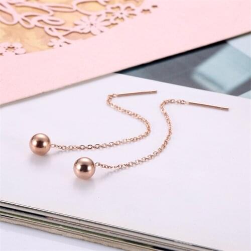 JIETHLING Simple Rose Gold Color Stainless Steel Chain Ear Line Ball Pendants Long Earrings For Women Friendship Jewelry No Fade
