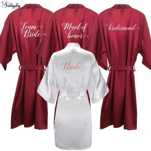 Sisbigdey Burgundy Satin Kimono Robes women short pajamas dressing gown wine red Bridesmaid Gift team bride Bridal Party Robes