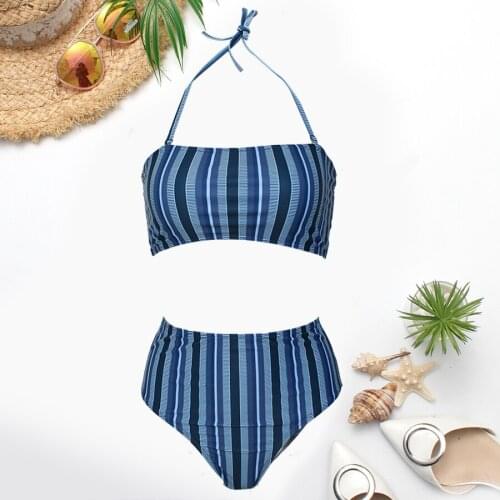 2019 womens new bikini 2-piece striped Halter mid waist swimsuit padded bra briefs beach swimsuit sexy bikini