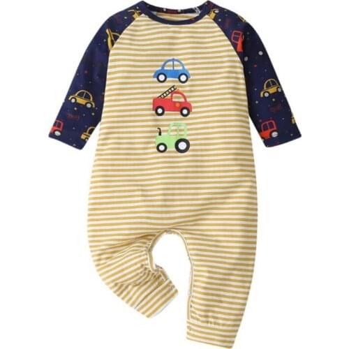 2021 Spring Baby Ins Baby Romper Boys Casual Color-stripe Striped Car One-piece Long-sleeved Romper Hot
