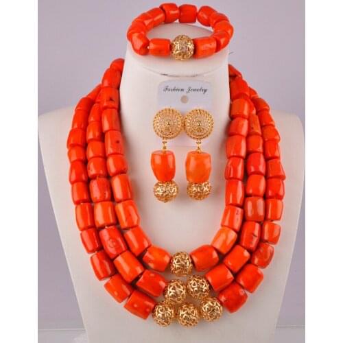 African beads set bridal wedding jewelry Orange natural coral beads necklace bracelet earrings Nigeria jewelry set AU-37