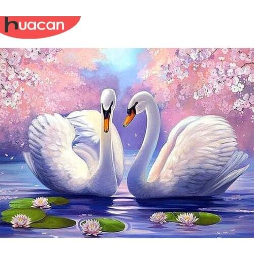 HUACAN Full Drill Diamond Painting Animal Swan Embroidery Lotus Cross Stitch Decoration Painting With Diamonds